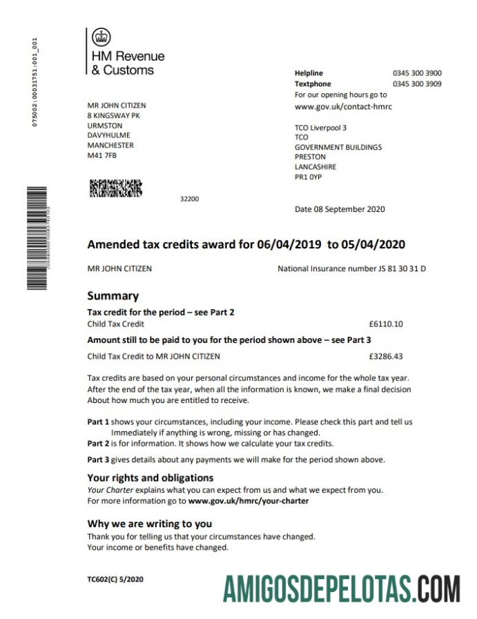 em branco Reino Unido HM Revenue & Customs Tax Credits Award Statement modelo em formato Word e PDF (.doc e .pdf)